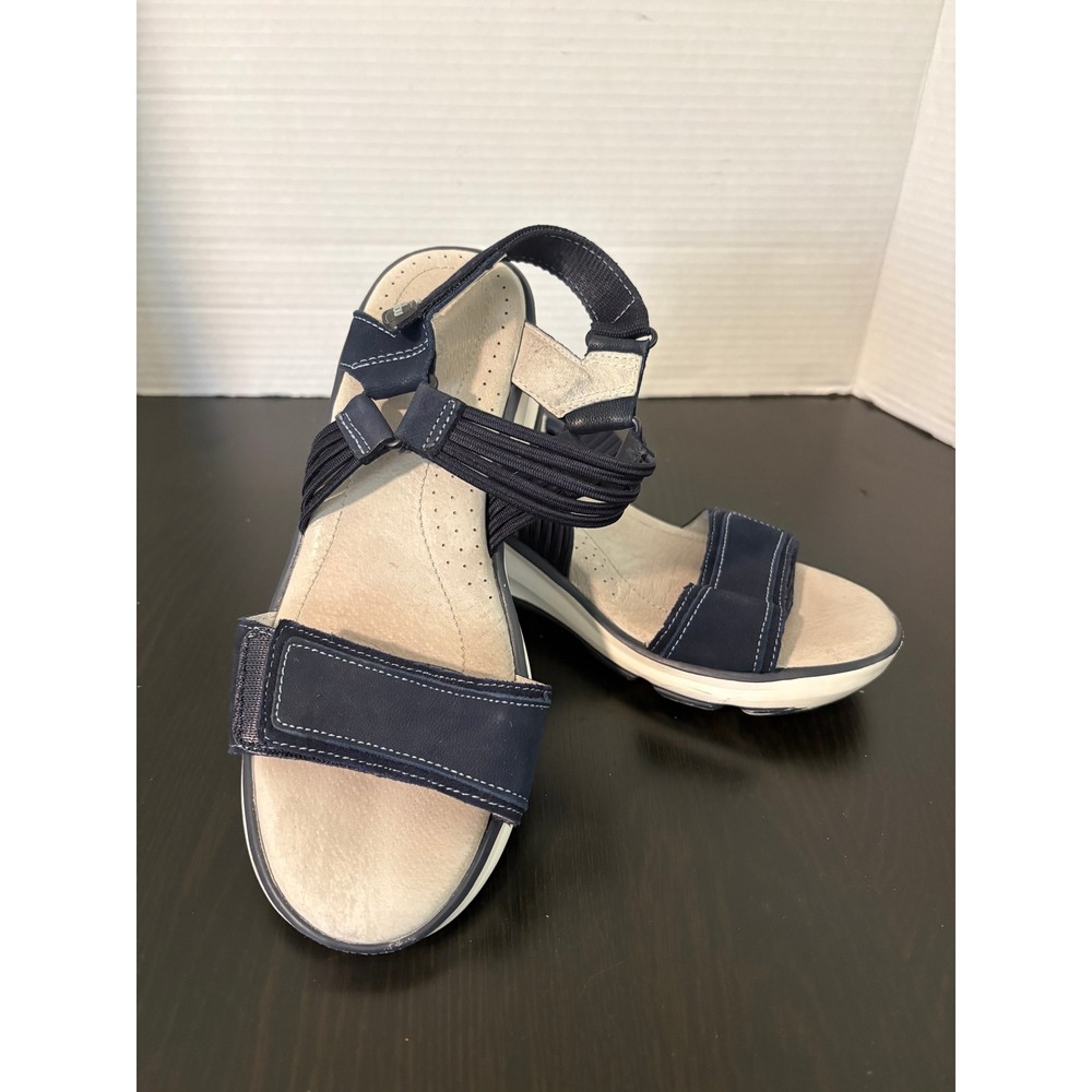 Jambu Women Wedge Sandals Size 6.5 Navy Blue Comfort Hook Loop Strap Memory Foam